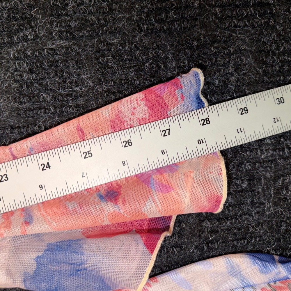 Tiger Mist Mini Dress Womens L Pink Blue Excellent Mesh Floral Script V-Neck Tie - Picture 8 of 9